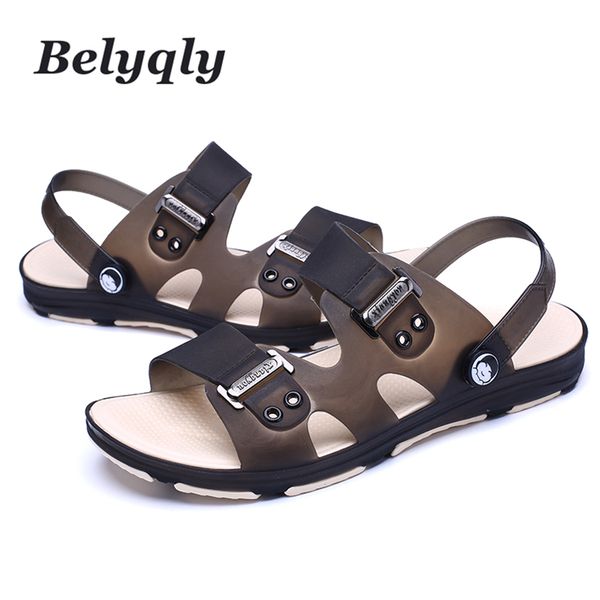 

belyqly men's casual sandals new summer beach men shoes low toe plastic slip on buckle casual man slippers size40-45, Black