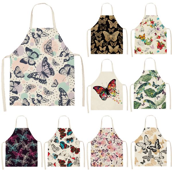 

1pcs butterfly sleeveless apron cotton linen flower printed kitchen pinafore women home cooking baking waist bib 53*65cm wql0147