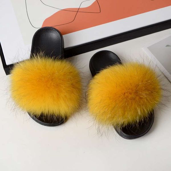 

fashionable sandals fur custom fox fur furry slippers slides for women, Black