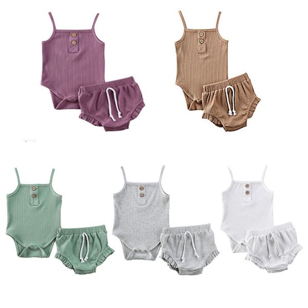2020 Meninos Meninas roupas de verão cor pura malha Botão macacãozinho Tops Shorts Calças da criança infantil do bebê roupa Outfit Nova