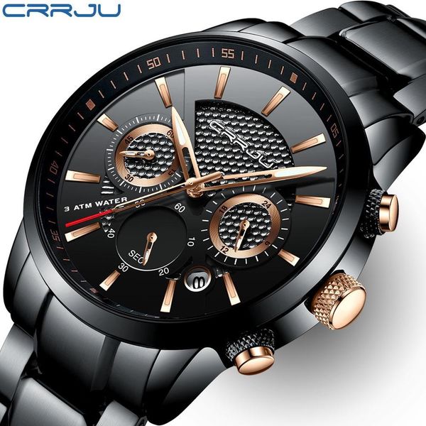 

crrju men watch 30m waterproof mens watches brand luxury steel watch chronograph male clock saat relojes hombre, Slivery;brown