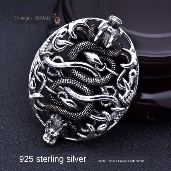 

s925 silver double dragon head pin buckle men's silver buckle diy accessories diy belt accessory belt, Slivery;black