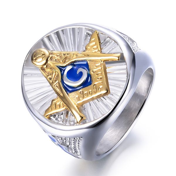 

hip hop new masonic ring silver gold color big ring for men blue enamel gift for brother friend drop shipping, Slivery;golden