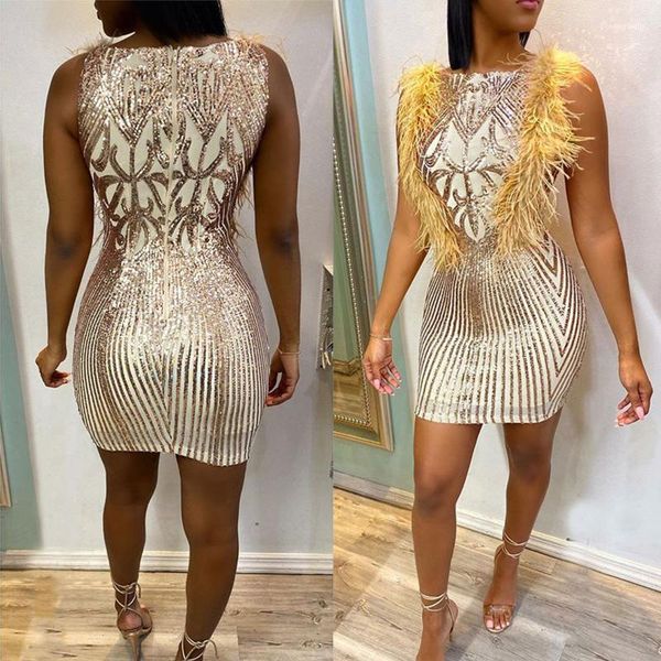 

платья сексуальные без рукавов блестки искусственный мех страуса bodycon платья новое поступление женские платья 20ss женщины дизайнер, Black;gray
