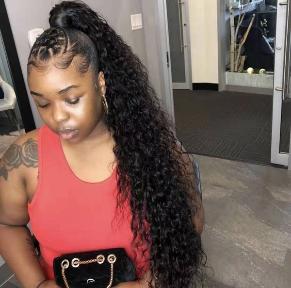 

wavy ponytail extension 100 human wraps around soft kinky curly long brazilian hair pony tail hairpieces 140g, Black