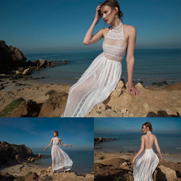 

bohemian a line wedding dresses halter sleeveless backless lace applique wedding gowns sweep train robe de mariÃ©e, White