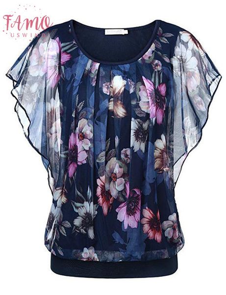 

wommen blouse 2020 summer flare sleeve shirt double layer round neck blouse ladies sleeveless shirt print roupa feminina*, White