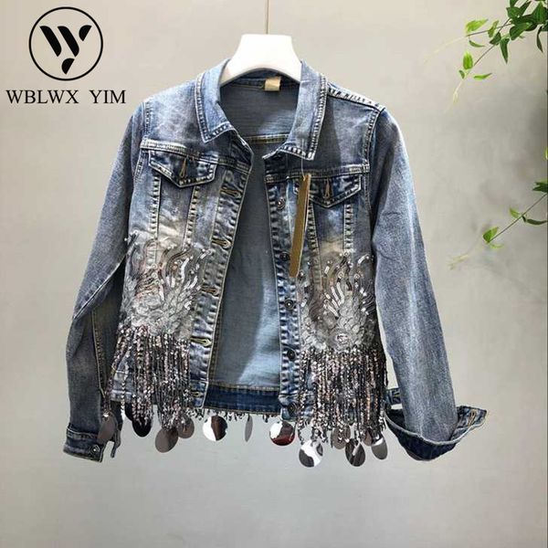

retro washed short denim jacket female fashion sequins tassel jacket coat loose jeans women streetwear casual denim coat, Black;brown