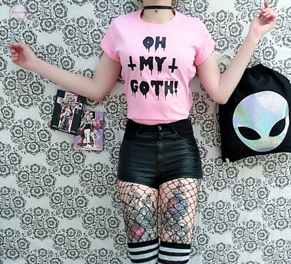 

сатана гот pink t shirt пастельный гот готический гранж alternative harajuku японский слоган женщины моды grunge эстетическая тройники tops, White
