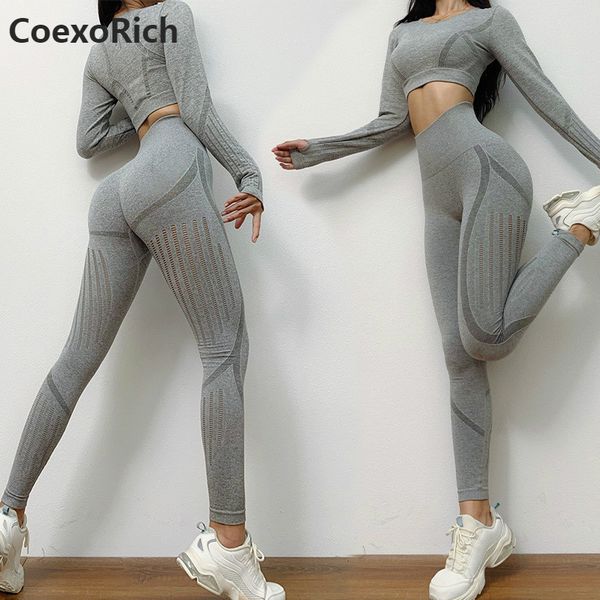 

yoga set women gym clothes 2 piece sport suit fitness crop high waist workout leggings long sleeeve hollow out seamless, White;red