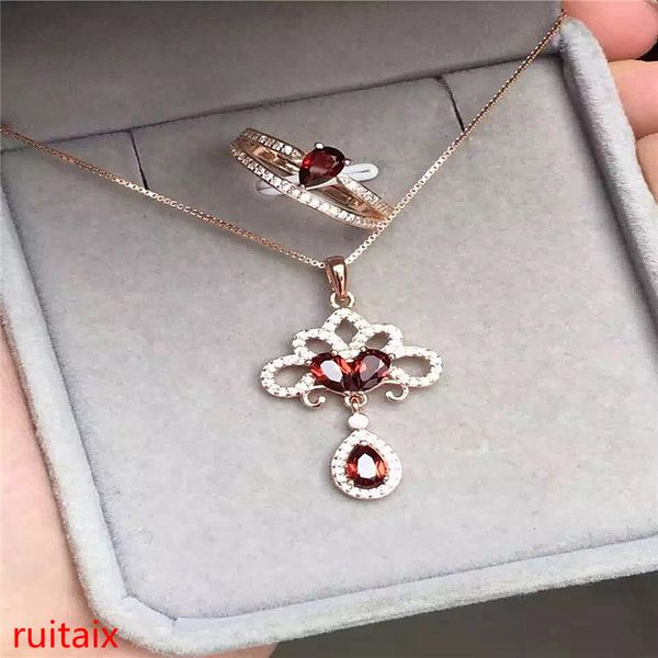 

kjjeaxcmy boutique jewels 925 pure silver inlaid with natural garnet female bracelet ring pendant + necklace 2 pieces of jewelry, Black