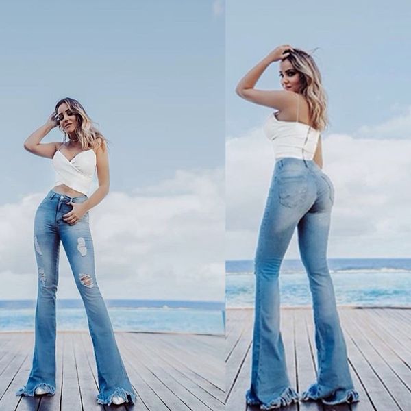 

2019 3xl women's explosion models spring denim high waist hole pants micro bell pants women's slim slimming pants lf006, Blue