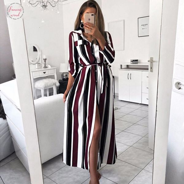 

fashion turn down collar long dress women casual stripe shirt dresses elegant lace up party maxi dress cap sleeve vestidos, Black;gray