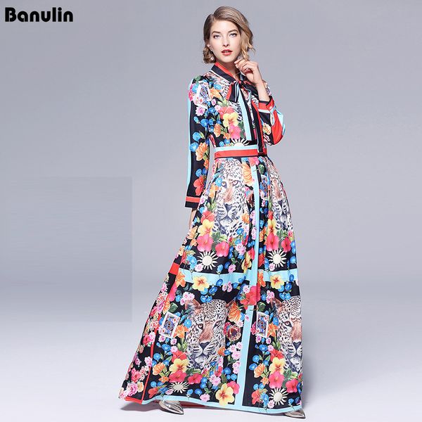 

runway maxi dresses 2019 women bow neck vintage animal print floor length long party dress vestidos robe femme, Black;gray
