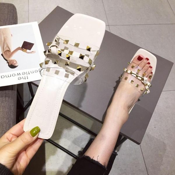 

slippers casual shoes rivet slipers women slides transparent heel square heel 2020 summer flat block soft pu basic, Black