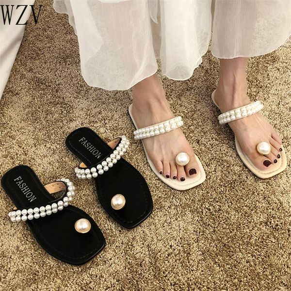 

summer pearl slippers 2020 women shoes pu leather open toe ladies flip flops slides outside womens slippers flats sandals, Black