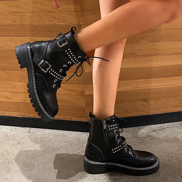 

fashion women's leather boots shalf winter med belt buckle motorcycle boots women winter 2019 cool punk rivets platform, Black