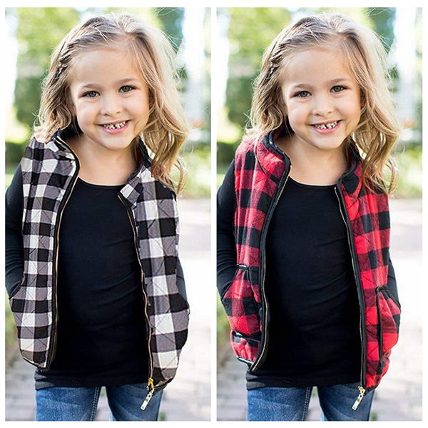 

дети клетчатой ​​разминки жилета и с карманными девочками проверить безрукавку молнии outwear жилет танк осени зима пальто ljja3671-11, Black;white