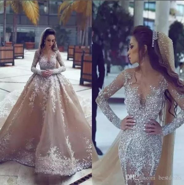 

2020 luxury dubai arabic champagne lace wedding dresses with detachable train long sleeves lace applique bridal gowns vestidos de noiva, White