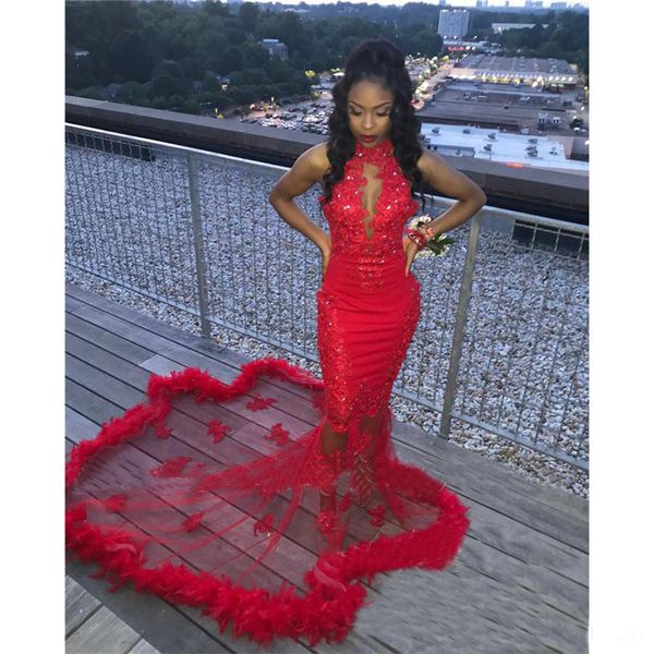 

red feather mermaid prom dresses plus size vintage lace sequined beaded african arabic girls dresses evening party gowns, Black
