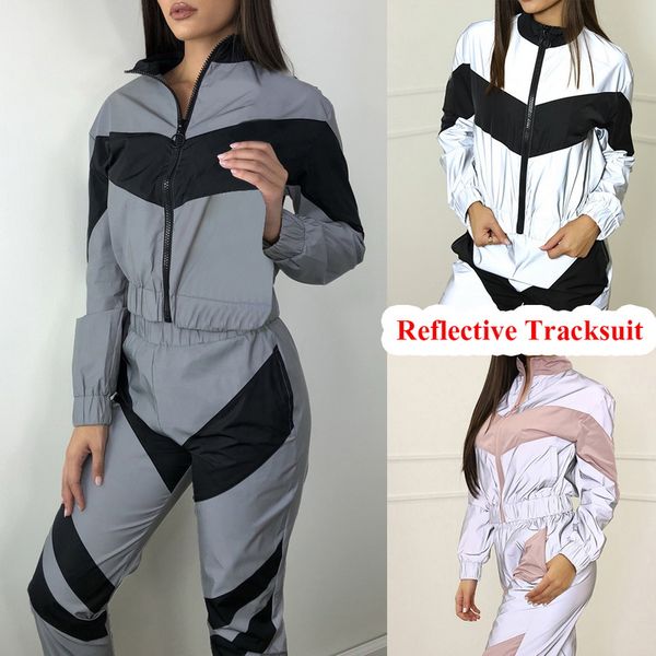 

2019 new women reflective tracksuit splicing long sleeve zipper up trench running pants 2 piece outfits sports sets, Black;blue