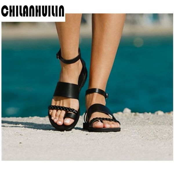 

zapatos mujer shoes women sandals ladies fashion buckle casual flat sandals shoes solid colour summer pu leather women, Black