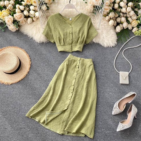 

two piece dress women's elegant skirts 2 sets v neck single breasted t-shirt midi skirt female set summer korean chic green ladies suit, White