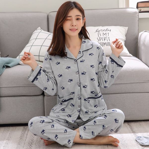 

spring autumn cotton pajamas sets for women long sleeve pyjamas cartoon print sleepwear loungewear homewear pijama mujer clothes, Blue;gray