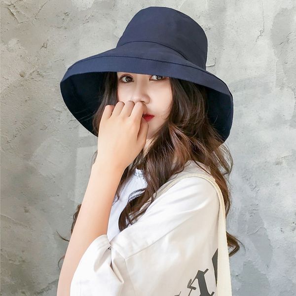 

big edge sun female sun all-match fisherman travel vacation female solid color basin tide bucket bucket fake hat fisherman's hat, Blue;gray