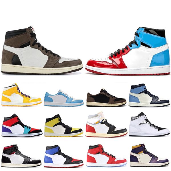 

new arrival patent leather fearless travis scotts obsidian 1 1s men basketball shoes yellow toe unc spiderman union mens trainers sneakers, White;red