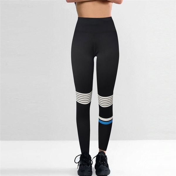 

мода женщины полосой шить высокая талия эластичность растянутые легины узкие бедра лифт брюки spodnie damskie @c, Black