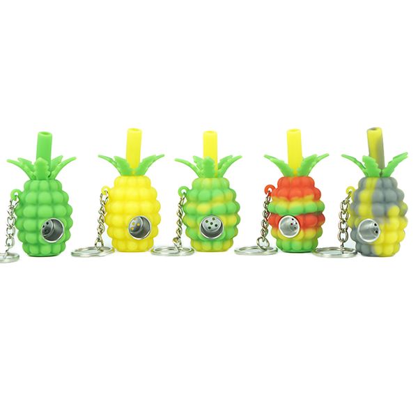 Mehrere Farben tragbare Ananas gehaltene Mini-Handpfeife Rauchpfeifen Bohrinselbong mit Metallschüssel-Keychian