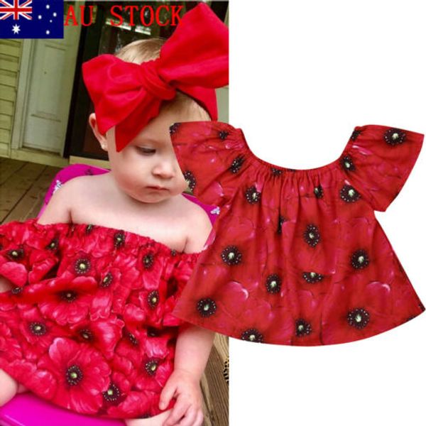 

2019 infant red floral t shirt kids baby girl off shoulder floral tops t-shirt casual summer clothes sunsuit, Blue