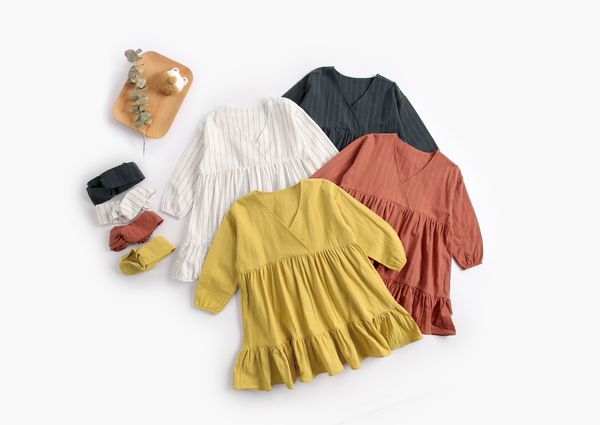 

girls Kids Designer Clothes dress Spring Solid Color V-neck Stripped Print dress causal 100% cotton girls dresses