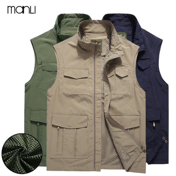 

manli 2019 new summer outdoor men multi-pocket classic waistcoat male sleeveless tactical camping vest chaleco hombre, Gray;blue