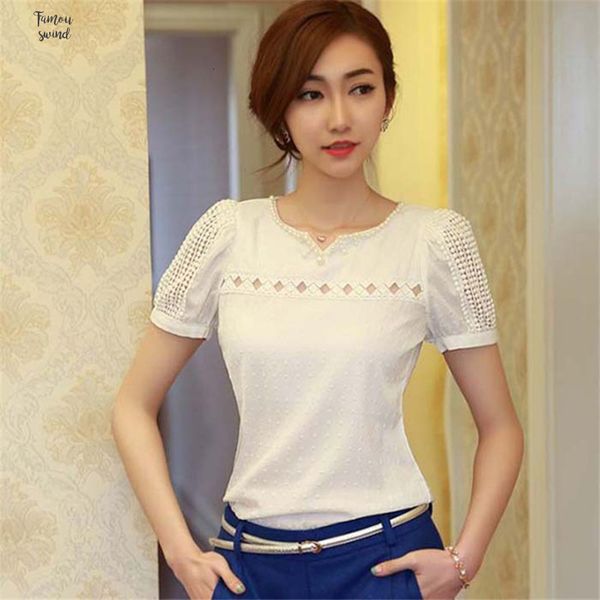 

blouse summer lady women lace short sleeve solid short sleeve blouse v neck hollow out fashion blouse girl, White