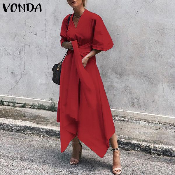 

vonda summer dress 2019 women vintage v neck asymmetrical high waist long maxi dress plus size sundress party vestido, Black;gray