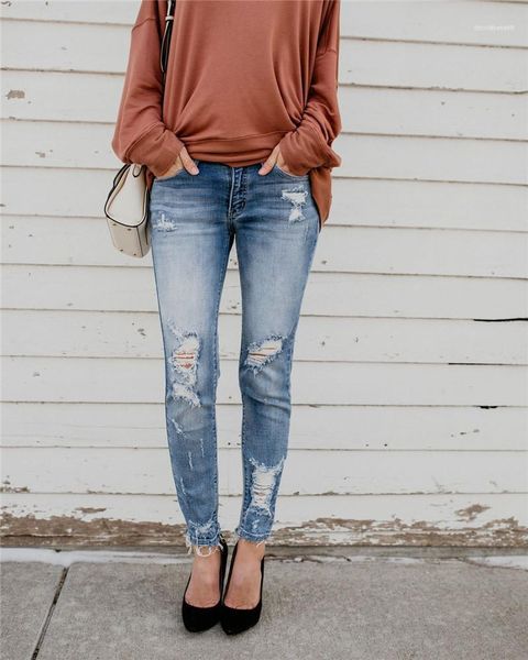 

slim womens denim long pants fashion ladies ripped long trousers holes designer womens jeans mid waist, Blue