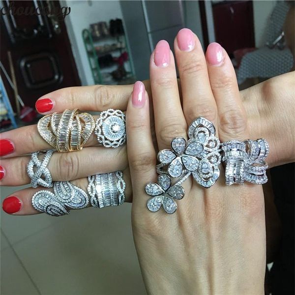 

choucong 8 styles statement luxury promise ring 5a zircon 925 sterling silver unique wedding band rings for women party jewelry, Slivery;golden