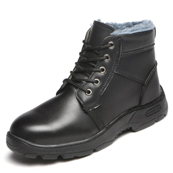 

new arrival men's fashion big size steel toe cap working safety boots warm cotton ankle snow boot soft leather winter shoes mans, Black