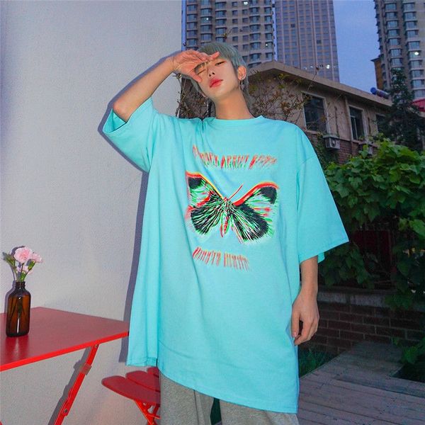 

панк футболка мужчин streetwear топ мужчин летом прохладно корейская тенниска пара припуска свободных бабочек печать с коротким рукавом руба, White;black