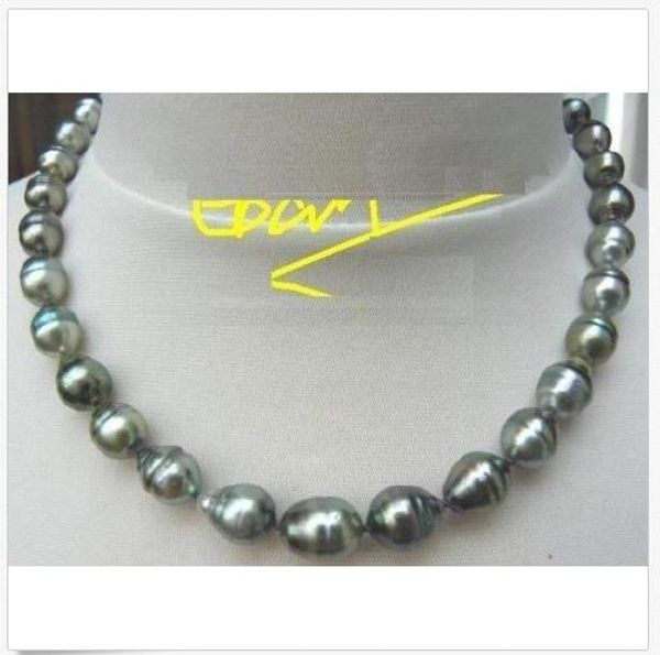 

18"10-12mm tahitian black gray green pearl necklace 14k, Silver