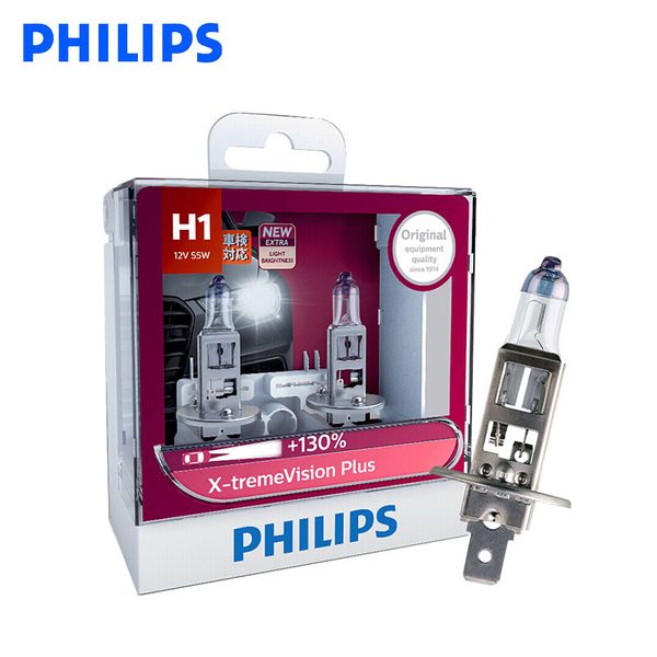 

philips h1 x-treme vision plus 12v 55w halogen car headlight auto bulb ece certified 130% brighter 12258xvp s2, pair