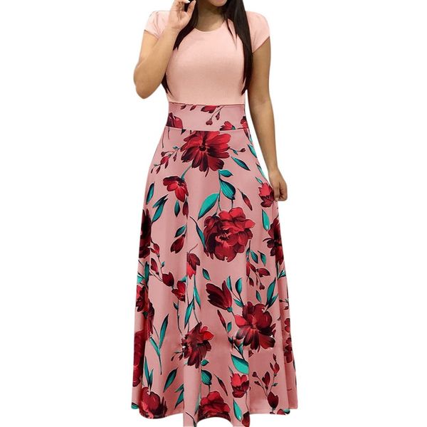 

summer women floral dot print dress summer patchwork maxi dress 2018 slim short sleeve vintage boho beach long vestidos, Black;gray