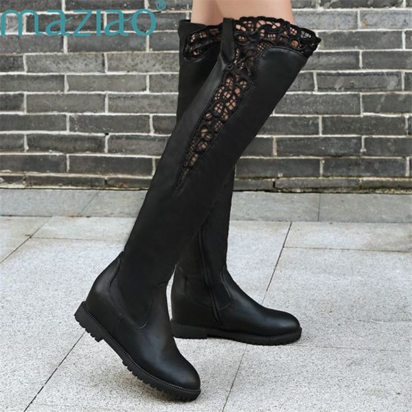 

female shoe round head side zipper short plush black increase inside warm women high boots heels maziao