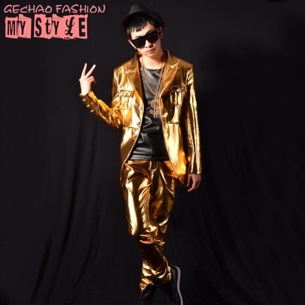 

m-6xl new nightclub bar male singer dj hip hop rock golden dovetail suits for bar costumes jacket pants men's party costume, White;black