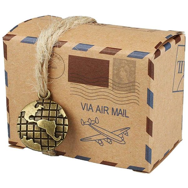 

50pcs inspired airmail favor boxes bonbonniere with globe kraft paper candy boxes gift box with burlap twines for wedding airpla