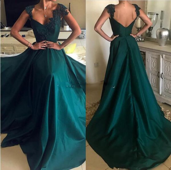 

2019 dark green satin prom dresses lace appliques evening gowns arabic formal party dress, Black