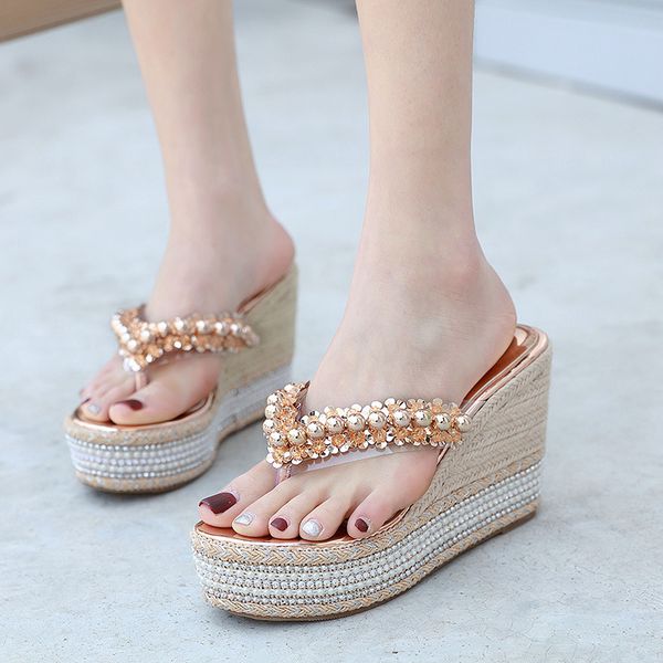 

low beach shoes rubber flip flops woman's slippers platform string bead on a wedge women heels slides sabot hawaiian 2020 flat, Black