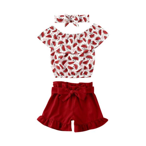 

summer toddler baby kids girl watermelon print ruffles off shoulder shorts pants 3pcs clothes set, White